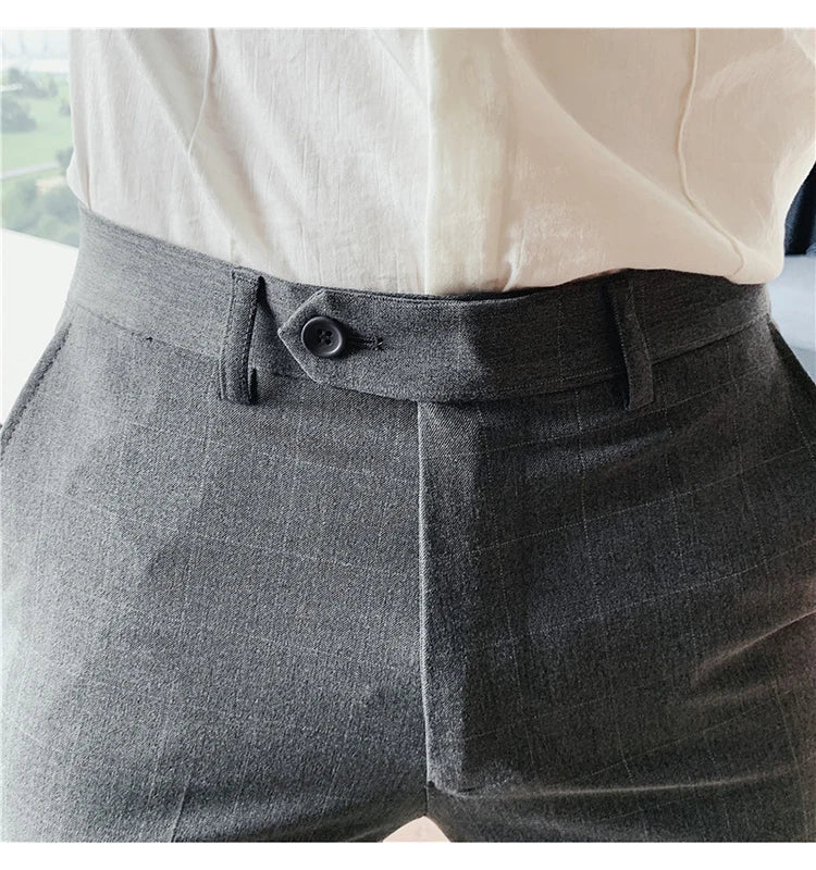 2026 High Quality Men's Plaid Striped Suit Pants Fashion Business Slim Fit Casual Straight Pants Formal Wedding Party Trousers