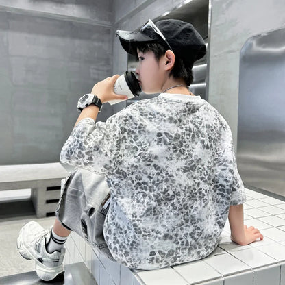 Baby Child Summer Cotton Suit With Shorts for Boy Leopard Print T-shirt + Denim Shorts Top and Bottom Clothes Set For Kids 2-14Y