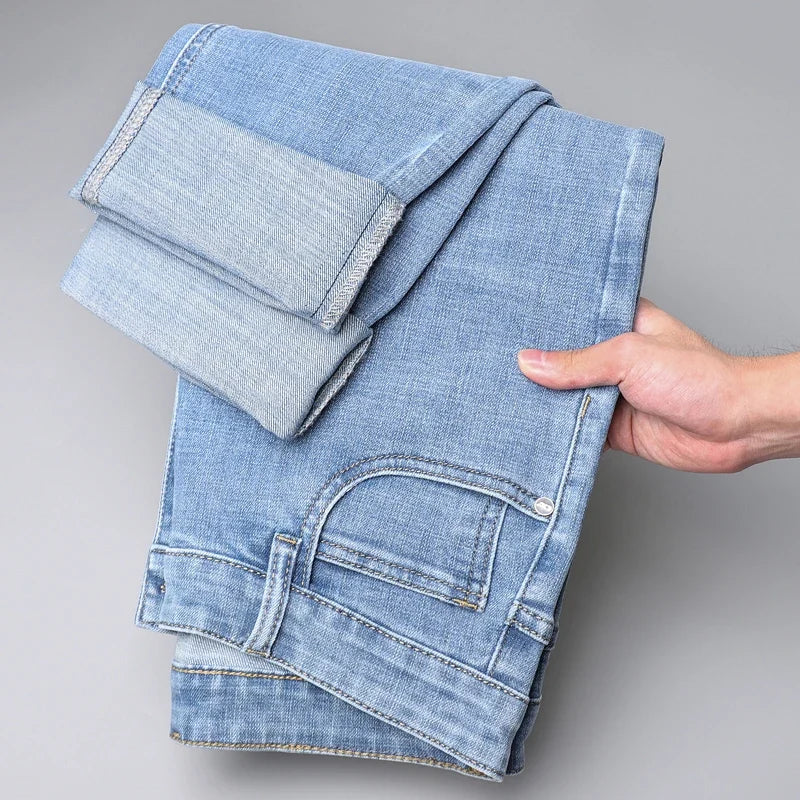 Fashion Light Blue Slim Straight Jeans Men's Spring Autumn Elastic Comfortable Denim Pants Korean Casual Business Trousers