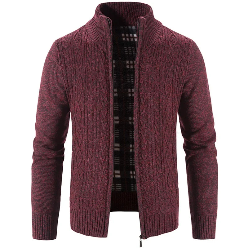 Winter Autumn New Sweater Knit Cable Cardigan Men Business Casual Jacket Zipper Up Solid Color Turn-down Coat Fleece Clothes