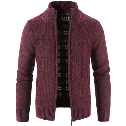 Winter Autumn New Sweater Knit Cable Cardigan Men Business Casual Jacket Zipper Up Solid Color Turn-down Coat Fleece Clothes
