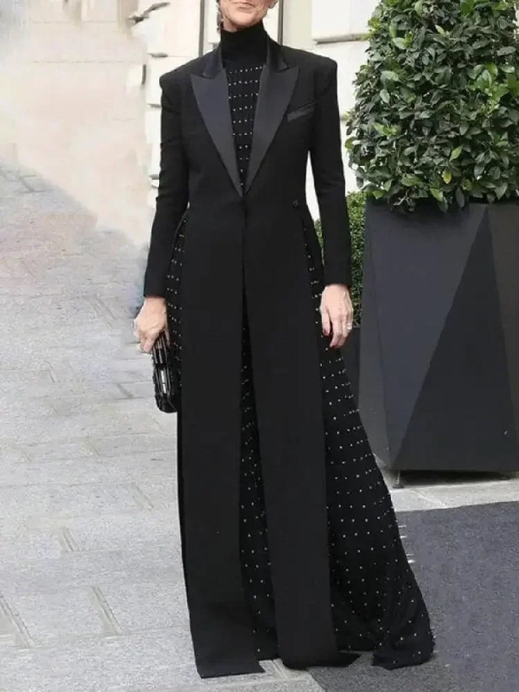 Missuoo Women's Black Extra-long Blazer Coat Lapel Long Sleeves Split-side Elegant Formal Floor Length Tailored Evening Coat