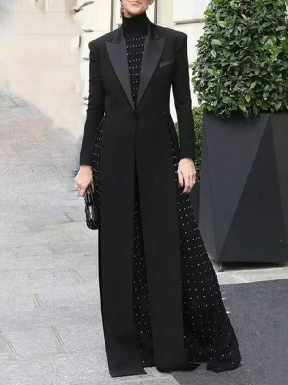 Missuoo Women's Black Extra-long Blazer Coat Lapel Long Sleeves Split-side Elegant Formal Floor Length Tailored Evening Coat