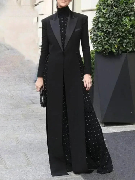 Missuoo Women's Black Extra-long Blazer Coat Lapel Long Sleeves Split-side Elegant Formal Floor Length Tailored Evening Coat
