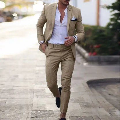 Men's Linen Suit 2 Piece Slim Fit Suit Summer Beach Wedding Suit Groosmen Prom Tuxedo Linen Blazer Pants Set