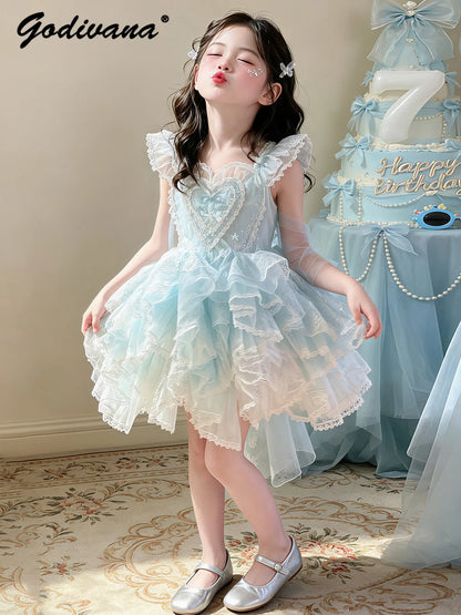 Baby Girls Sweet Sleeveless Lolita Princess Dress New 2026 Summer Childrens Elegant Lace Trim Tulle Bow Train Performance Gown