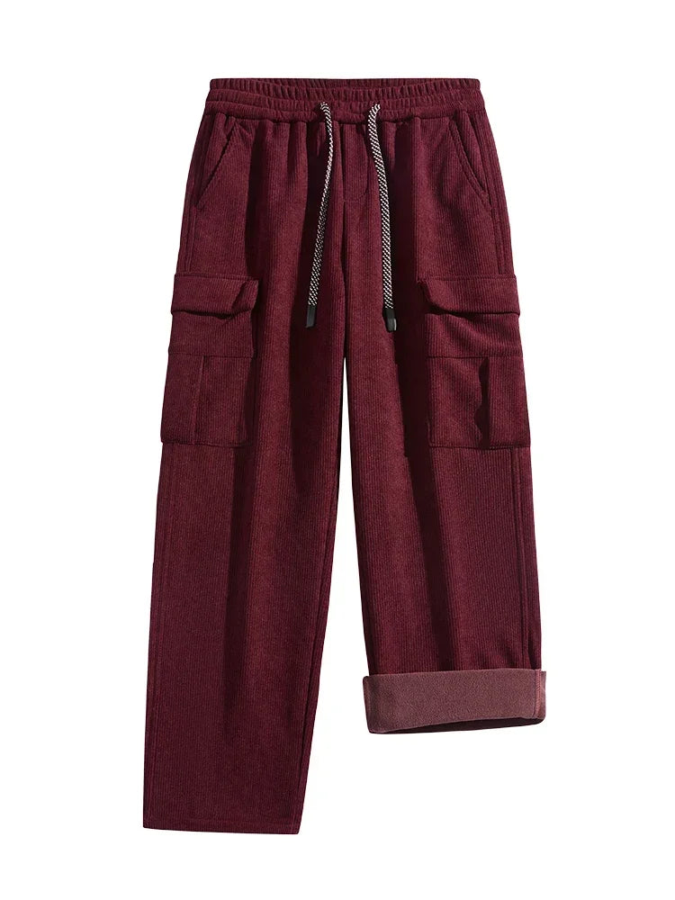 2026 New in Winter Corduroy Pants Men Straight Wide Leg Cargo Trouser Male Elastic Waist Loose Fit Thick Brown Warm Fleece Plush