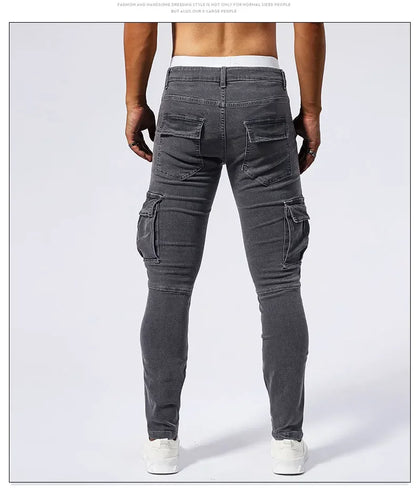 Slim Fit Large Pocket Jeans Cargo Pants for Men Fashionable Casual Hip Hop Stretch Denim Long Pants Male Streetwear Track Pants