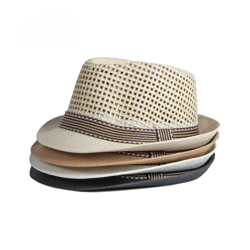 Men's Hats Summer Breathable Straw Small Top Hat Women's Sun Protection Beach Hat British Retro Jazz Cap Mesh Fedora Black Hat