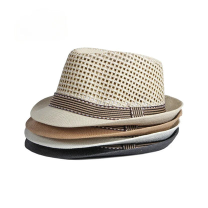 Men's Hats Summer Breathable Straw Small Top Hat Women's Sun Protection Beach Hat British Retro Jazz Cap Mesh Fedora Black Hat