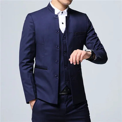 Black Stand Collar Men's 3-Piece, Wedding Party Blazer Jacket and Vest with Pants, Blue Asian Size Slim Fit Sets.