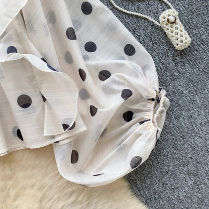 Women Butterfly Bow Lace-up Vintage Lantern Long Sleeve Top Slim Fashion Polka Dot Mesh Chiffon Blouse Hotsweet Spring Clothing