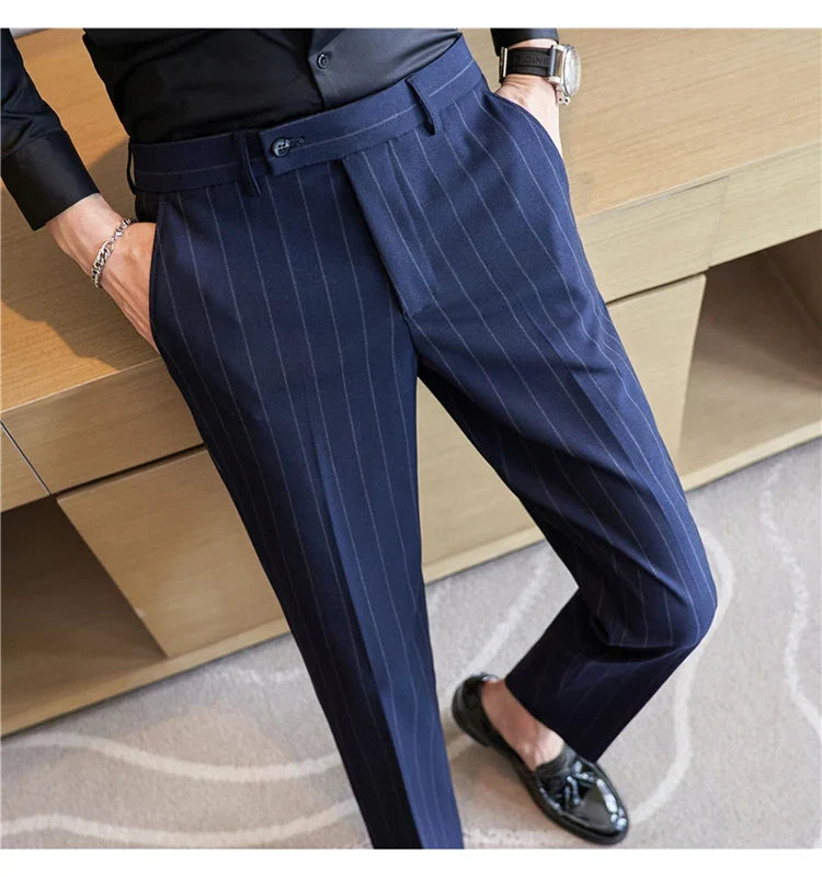 Autumn New Fashion Stripe Men's Suit Pants High Quality Straight Long Classic Business Elegant Slim Fit Casual Trousers 38-29