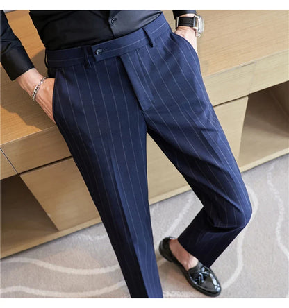Autumn New Fashion Stripe Men's Suit Pants High Quality Straight Long Classic Business Elegant Slim Fit Casual Trousers 38-29