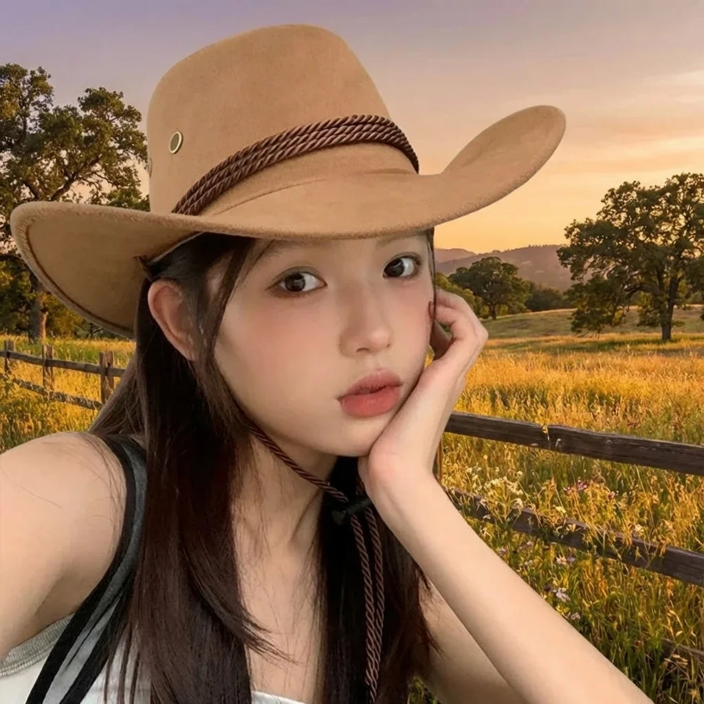 Fashion Western Style Western Cowboy Hat Ethnic Style Large Brim Felt Fedora Hats Grassland Sun Hat Unisex
