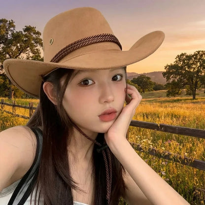 Fashion Western Style Western Cowboy Hat Ethnic Style Large Brim Felt Fedora Hats Grassland Sun Hat Unisex