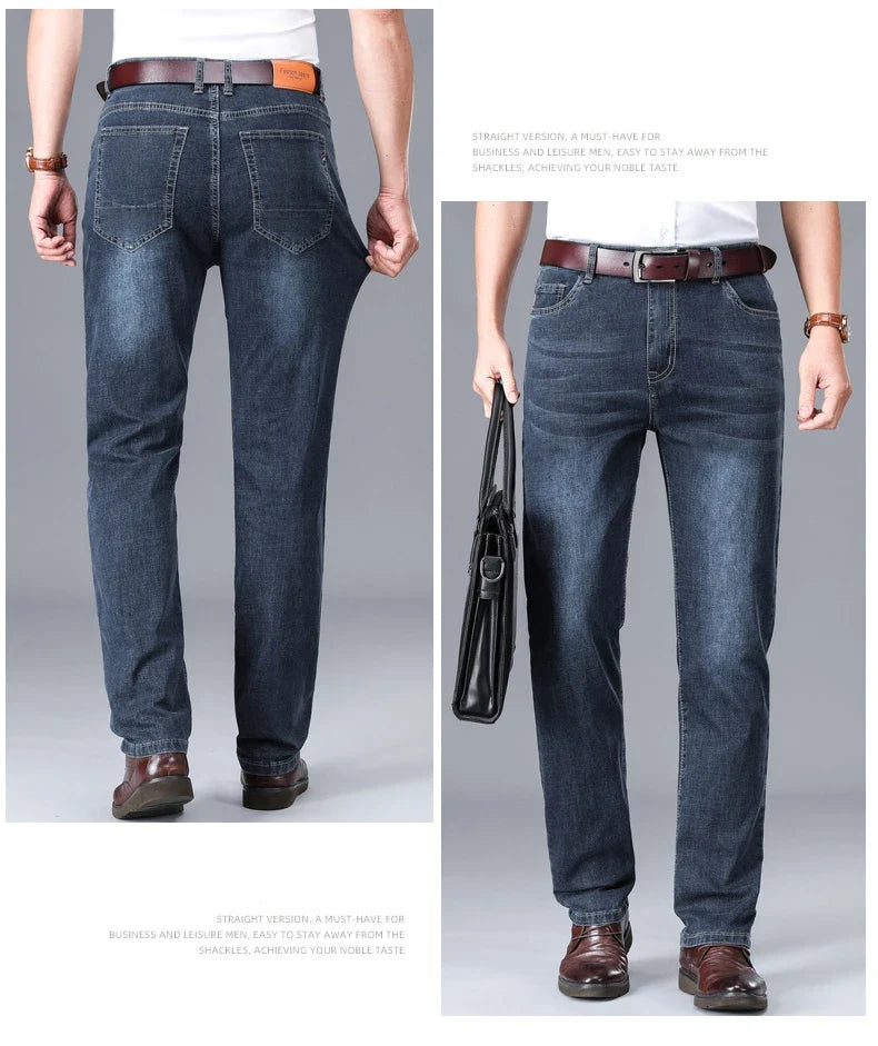 2024 Brand Thin or Thick Material Straight Cotton Stretch Denim Men's  Business Casual High Waist Light Grey Blue Jeans