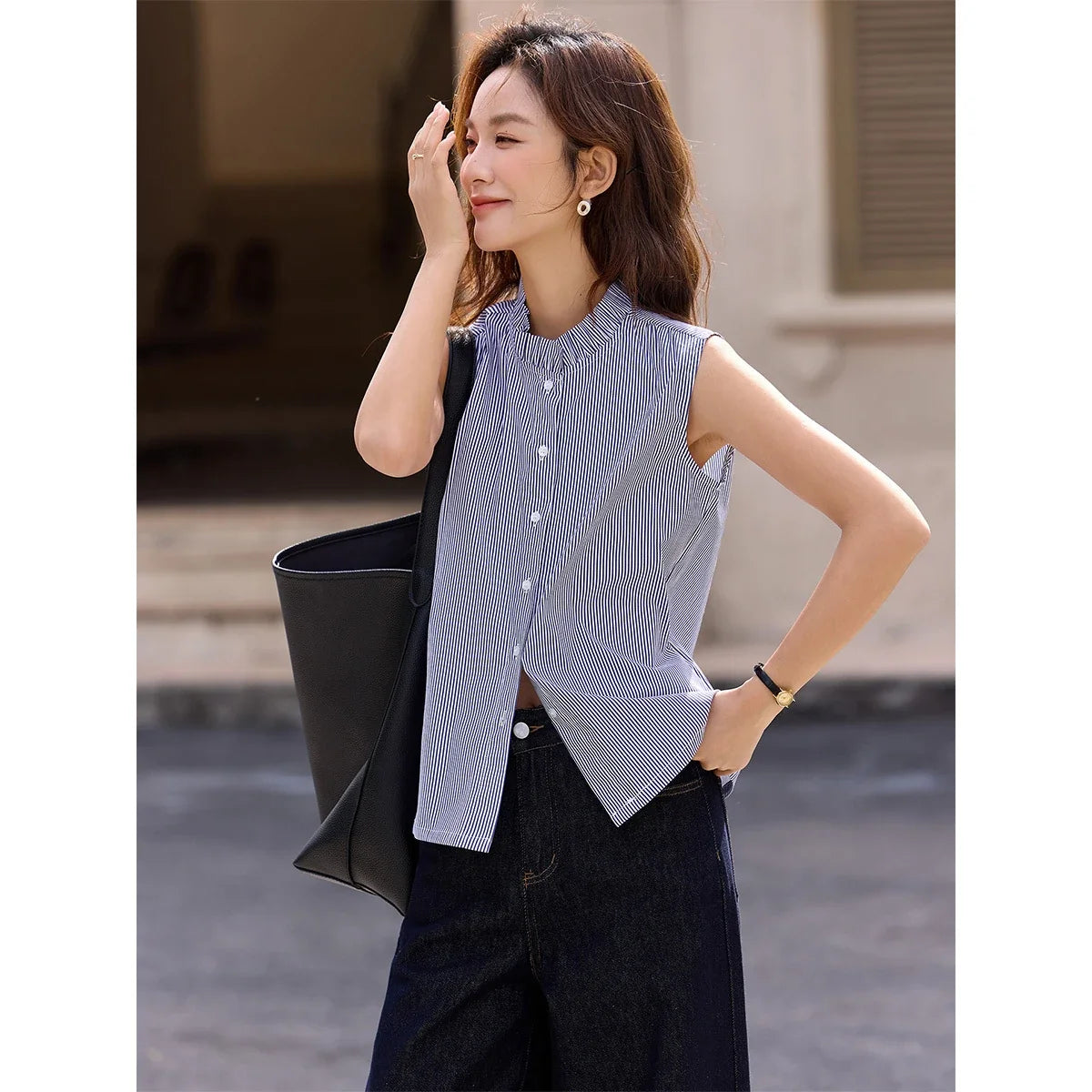 Women's Navy Blue Striped Sleeveless Shirts Office Lady 2026 Spring New Casual Ruffled Stand Neck Female Blouses A3565