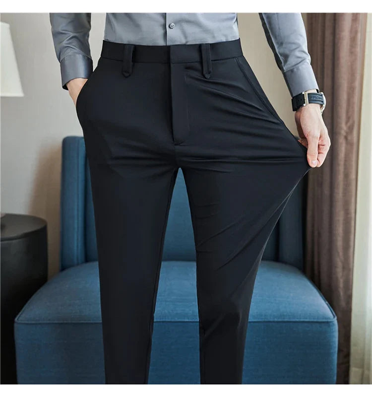 Mens Dress Pants Trousers 2025 Summer New Thin Breathable Solid Casual High Elastic Slim Fit Suit Pants Streetwear Men Clothing