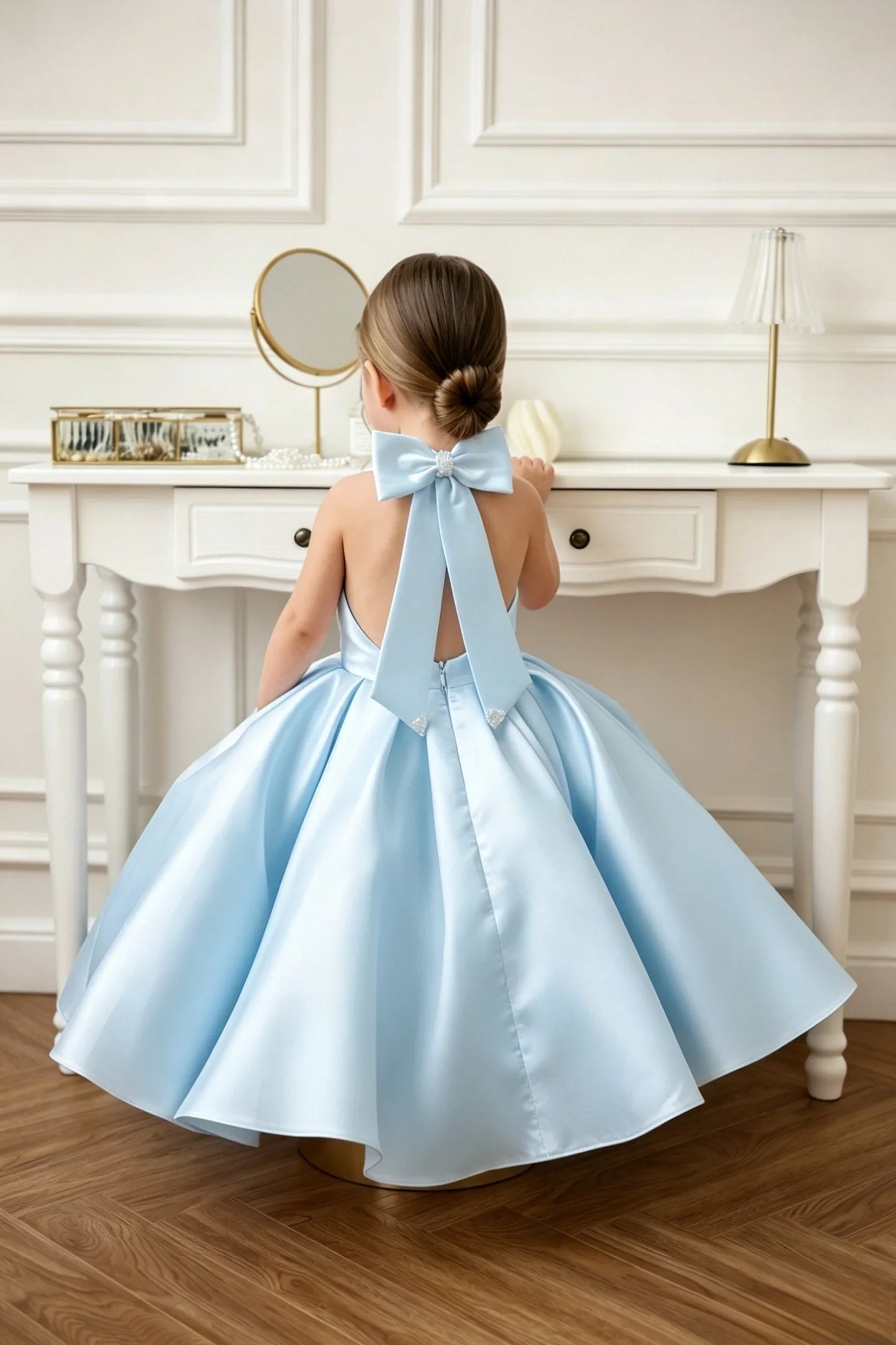 Satin Flower Girl Dress Mini Bridal Wedding Dress Kids Ball Gown 1st Communion Frock Pageant Gown Vestidos De Noiva Customized