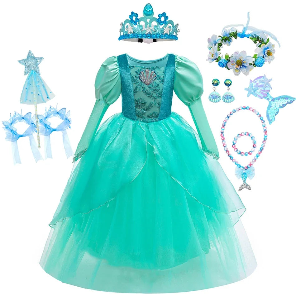 Kids Mermaid Dress Halloween Long Sleeve Princess Costume Children Luxury Fluffy Tulle Frocks Child Mermaid Birthday Party Gown