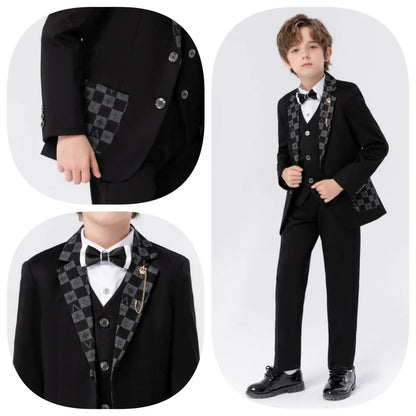 New Handsome Kids Suit Set 5 Pieces Blazer Vest Pants Bow-tie Brooch Classic Boys Suits For Piano Performance Birthday Party