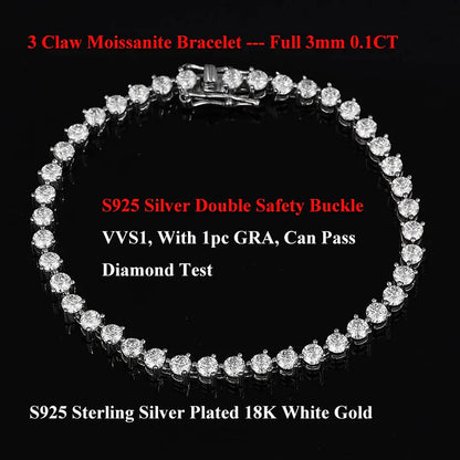3 Prong 2.5mm 3mm Full D Color Moissanite Diamond Tennis Bracelet for Women 925 Silver Link Chain Spring Buckle Bracelets