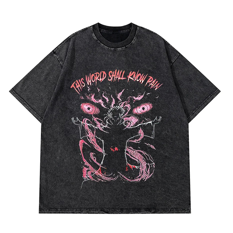 Anime Pain Printed T Shirt Men Retro Washed 100% Cotton Tops Tees Harajuku Tshirt 2023 Streetwear Hip Hop Male T-shirts