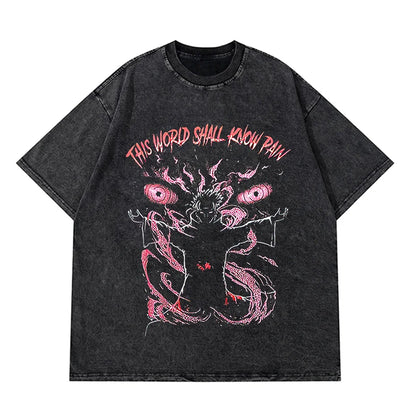Anime Pain Printed T Shirt Men Retro Washed 100% Cotton Tops Tees Harajuku Tshirt 2023 Streetwear Hip Hop Male T-shirts