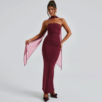 Elegant Scarf Strapless Solid Mesh Gloves Sexy Bodycon Maxi Prom Dress Women Fashion Y2K Outfits Wedding Party Birthday