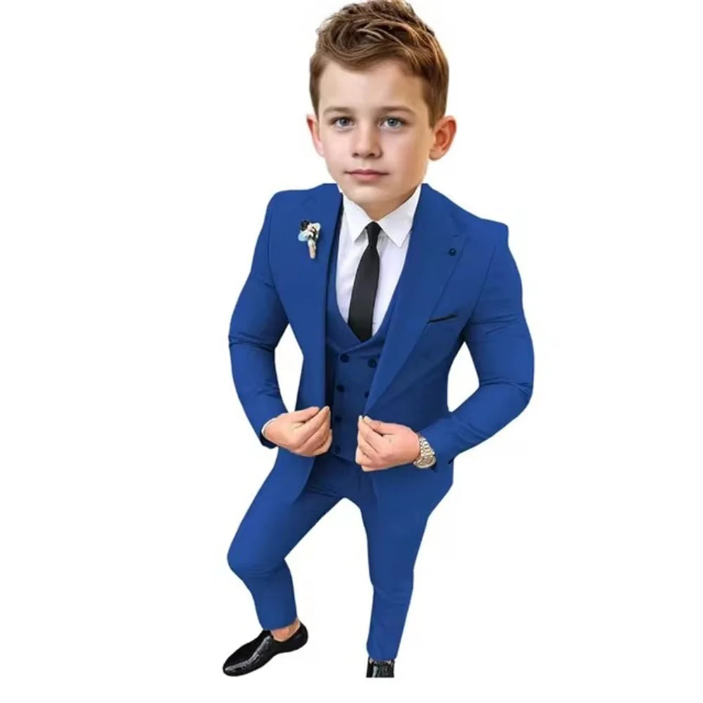 Boys Formal Slim Fit Suits 3 Pieces Holiday Celebration Outfit,Autumn Long Sleeve Kids Peak Lapel Suit Set Wedding Guest Wear