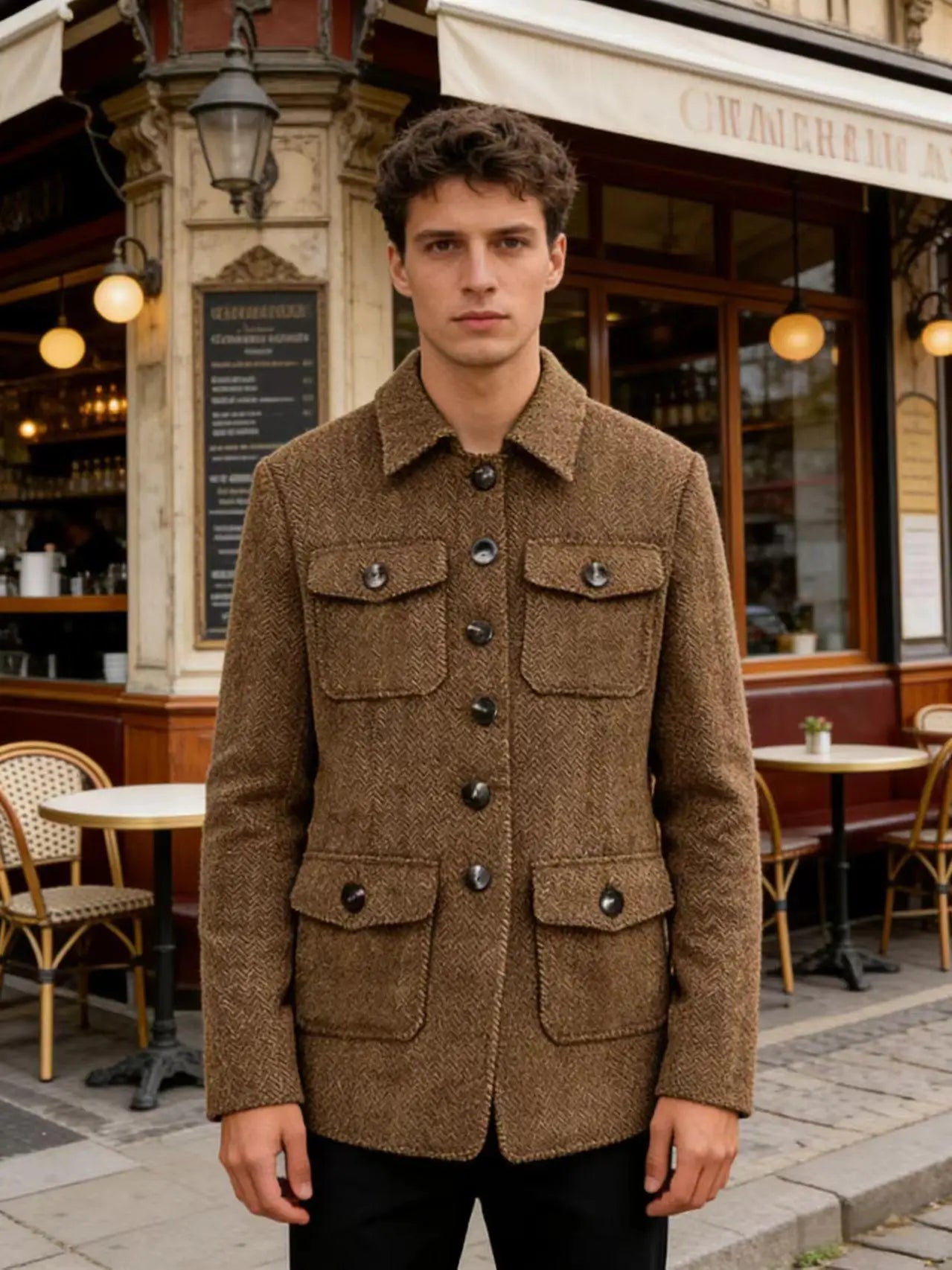 Men's Herringbone Wool Blend Blazer Jacket Notch Collar Utility Multi-Pocket Casual Overcoat For Spring Autumn
