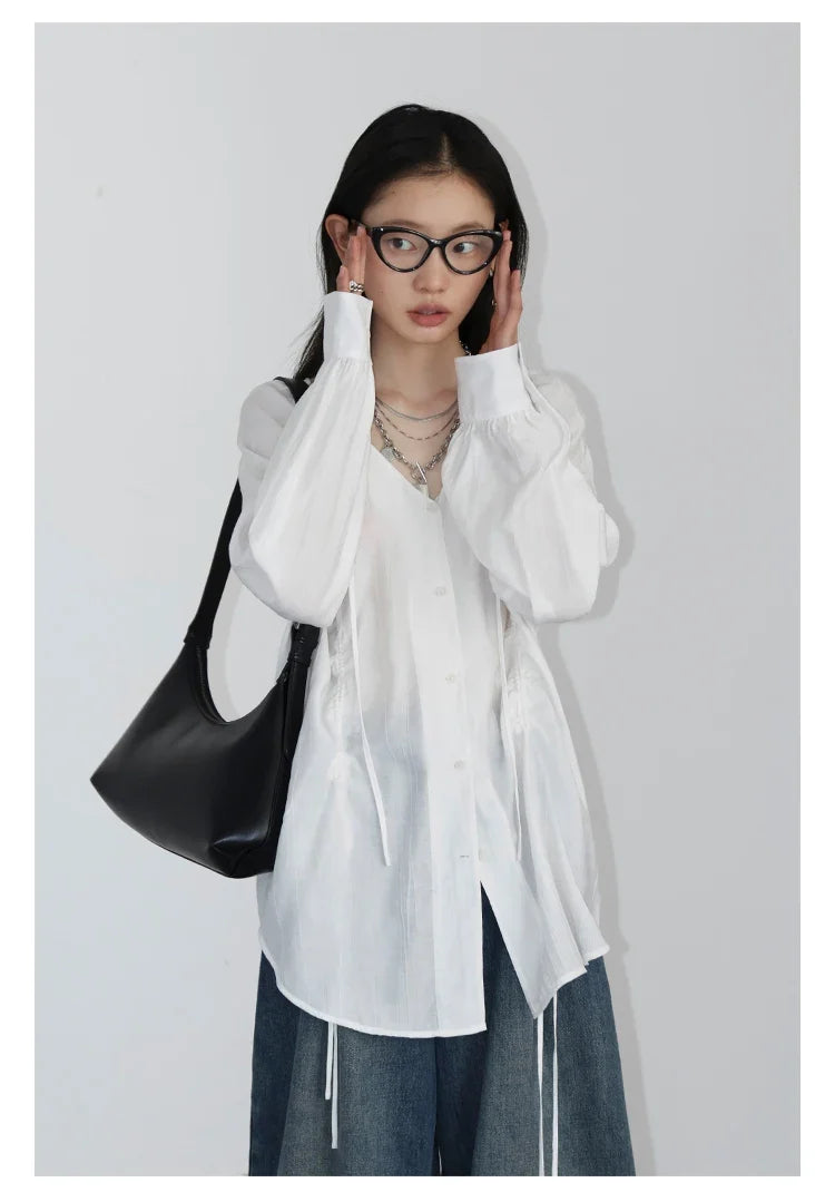 Women Loose Lace Up Shirt Solid New Korean V-neck Pleated Raglan Long Sleeved Blouses Female Tops Spring Summer 2026