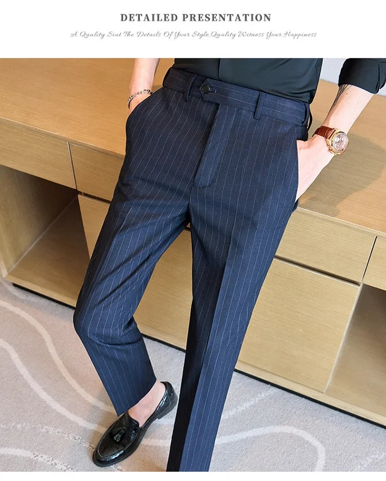 Men's Elastic Waist Striped Suit Pants 2025 New Social Casual Trousers Slim Fit Suit Pants Business Office Wedding Men Clothing