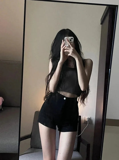 Black High-Waist Skinny Jeans Shorts for Women Trendy Slimming Booty Hot Pants Retro Style Spring Summer  Ladies' Sho