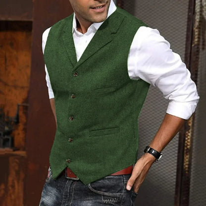New Plus Men's Herringbone Tweed Wool Suit Vest British Retro Lapel Single Breasted Waistcoat Male Boutique Slim Fit Dress Vests