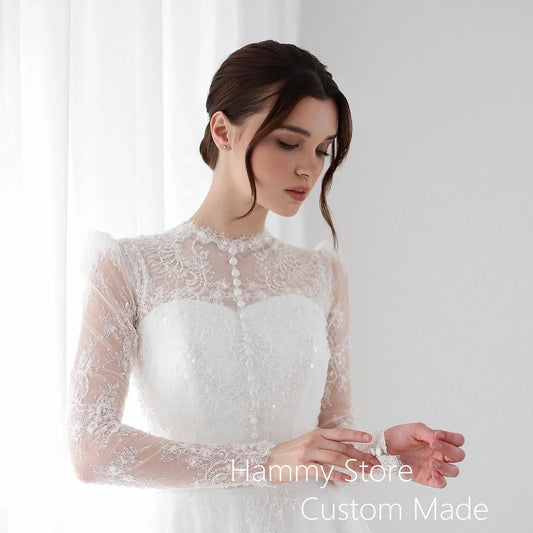 Saudi Arab Wedding Dress Customized Long Sleeve Illusion Sequined Lace Court Train Bridal Gown Robe De Mariage Bride Dresses