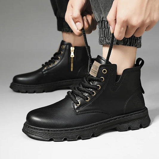 New MEN'S BOOTS with Retro Style Leather Boots, Thick Soles, Wear-resistant MEN'S High Top Casual Shoes, Side Zippers
