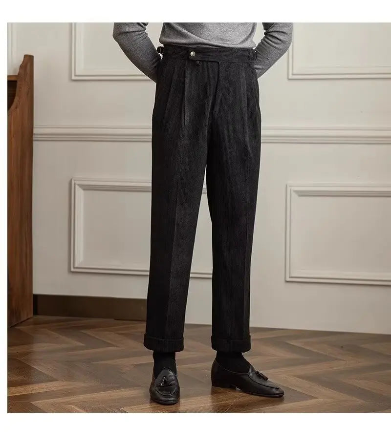 Classics Italian Naples Style Men's Suit Corduroy Pants Men High Waist Straight Work Formal British Business Brand Trousers Male