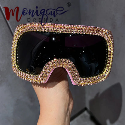Oversized Punk One-piece Goggle Sunglasses Women Luxury Rhinestones Sunglasses For Men Female Shades Eyewear gafas de sol