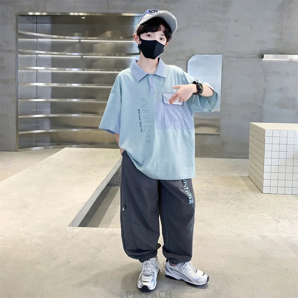 School Boys Fashion Summer Top And Bottom Clothes Set Polo Shirt + Pants 2 Pieces Clothing Suit Kids Children Casual Tracksuit
