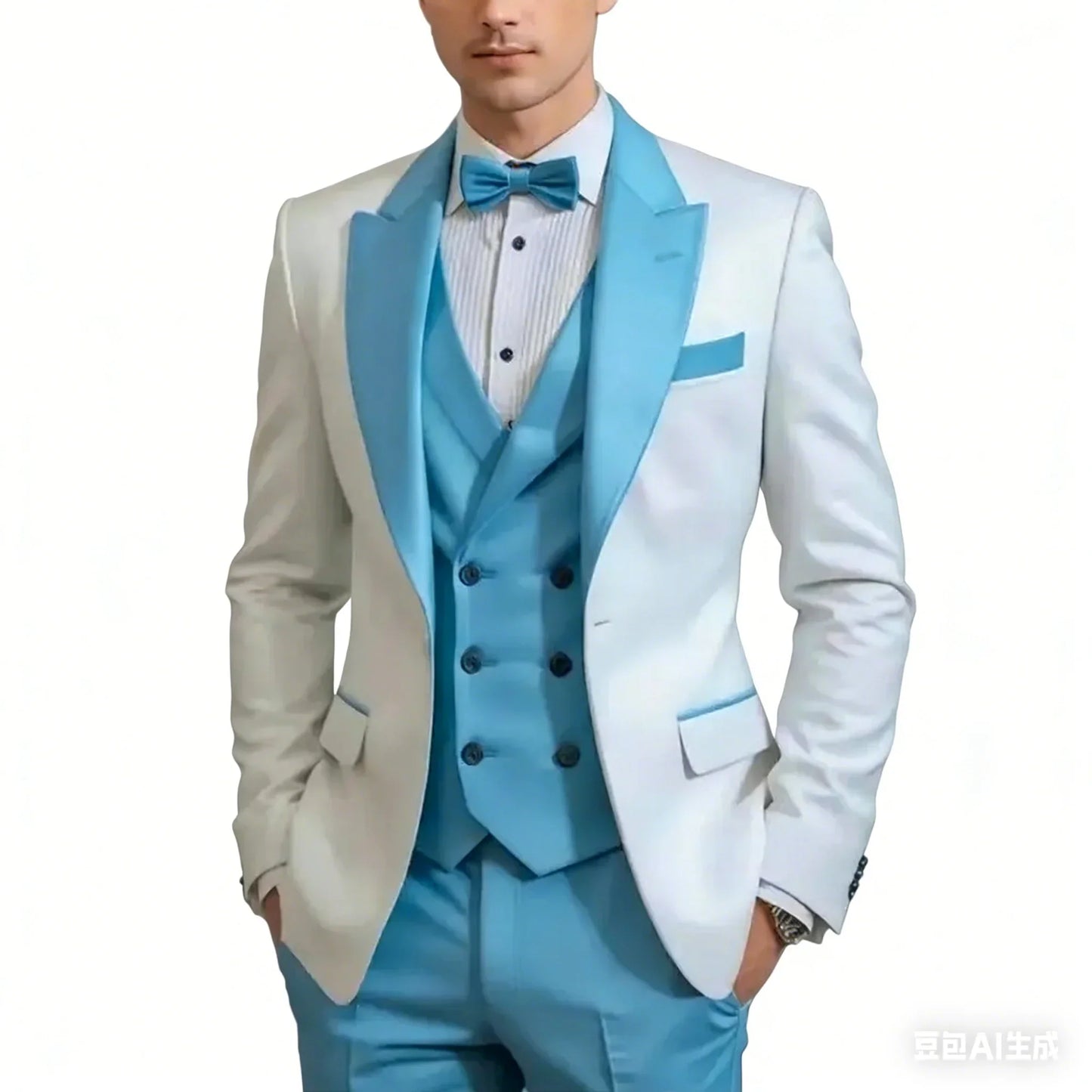 White And Blue Formal Business Men Suit Groom Groomsman Wedding Party Prom Male Tuxedos 3 Piece Blazer+Vest +Pants