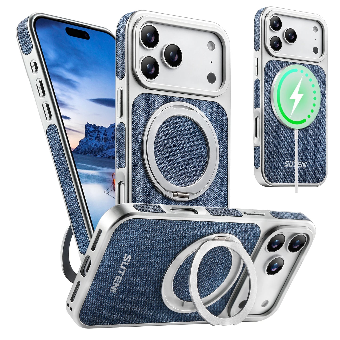 Faux Leather Magnet Wireless Charging Phone Case 360° Rotating Stand Ring Buckle Frosted Feel For iPhone 17 Pro Max 16 15