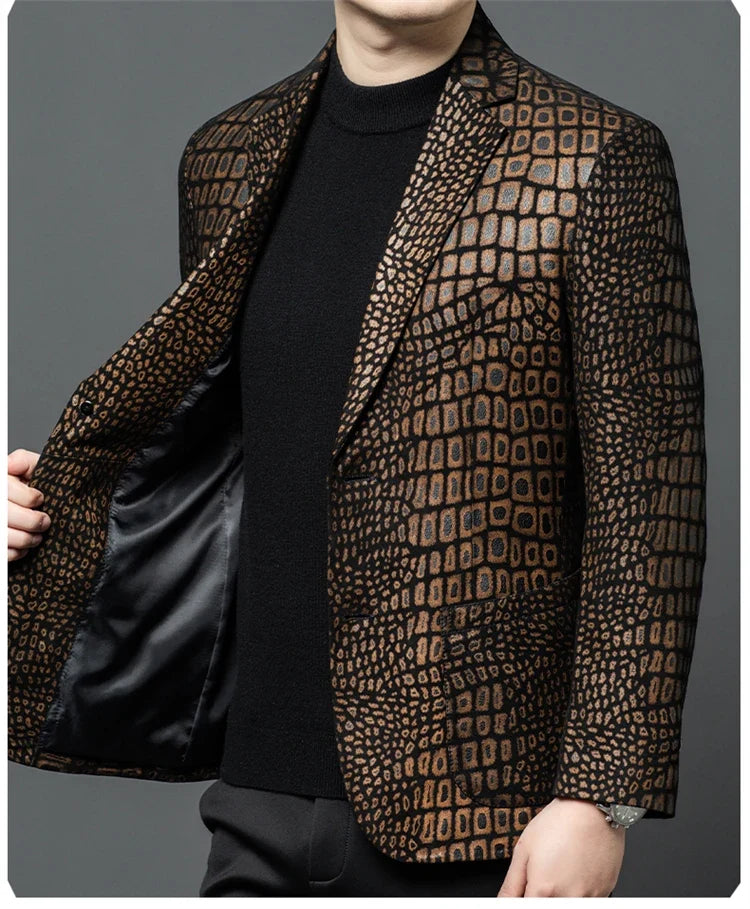 Luxurious Sheepskin Blazers For Men Smooth Casual Leather Jacket Winter Top Quality Leopard Print Slim Gentleman Terno Masculino
