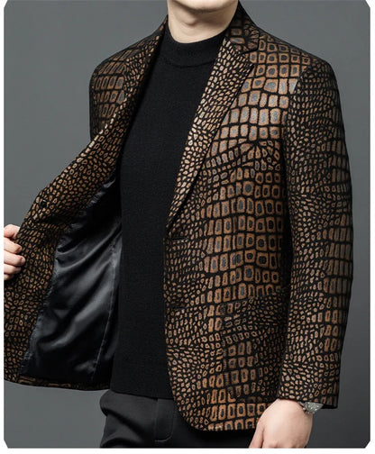 Luxurious Sheepskin Blazers For Men Smooth Casual Leather Jacket Winter Top Quality Leopard Print Slim Gentleman Terno Masculino