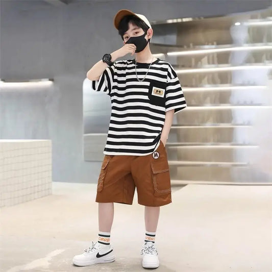 Stripes Children's Outdoor Clothes 4 Years Clothing Suit for Kids Boys Top Bottom Set Junior Shorts Summer Boy Child T-shirt 7 8