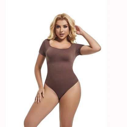 Short Sleeve Open Crotch Big U Neck Seamless Shapers Spandex Elastic Body Suit Shapewear Women Body Shaper Tummy Control