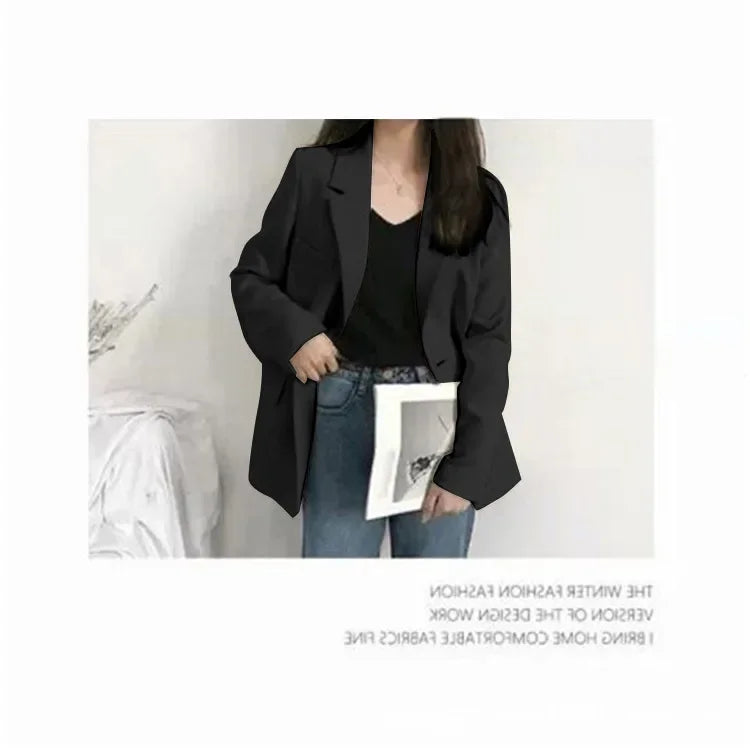 Elegant Casual Loose Long Sleeve Women's Small Suit Jacket Korean Style Spring Autumn Chic Polyester Fiber Button Decoration