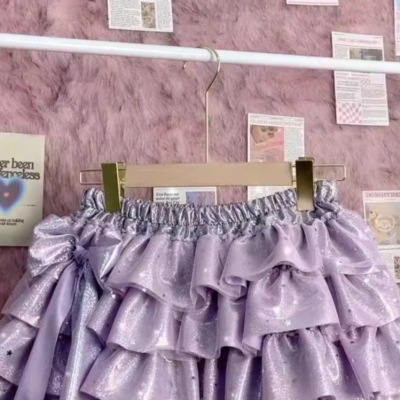 Summer Sweet Princess Mini Skirt Women Hot Girl Subculture Purple Color Short Skirt Y2k Harajuku Fashion Bow Puffy Cake Skirt