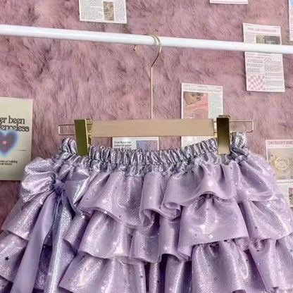 Summer Sweet Princess Mini Skirt Women Hot Girl Subculture Purple Color Short Skirt Y2k Harajuku Fashion Bow Puffy Cake Skirt